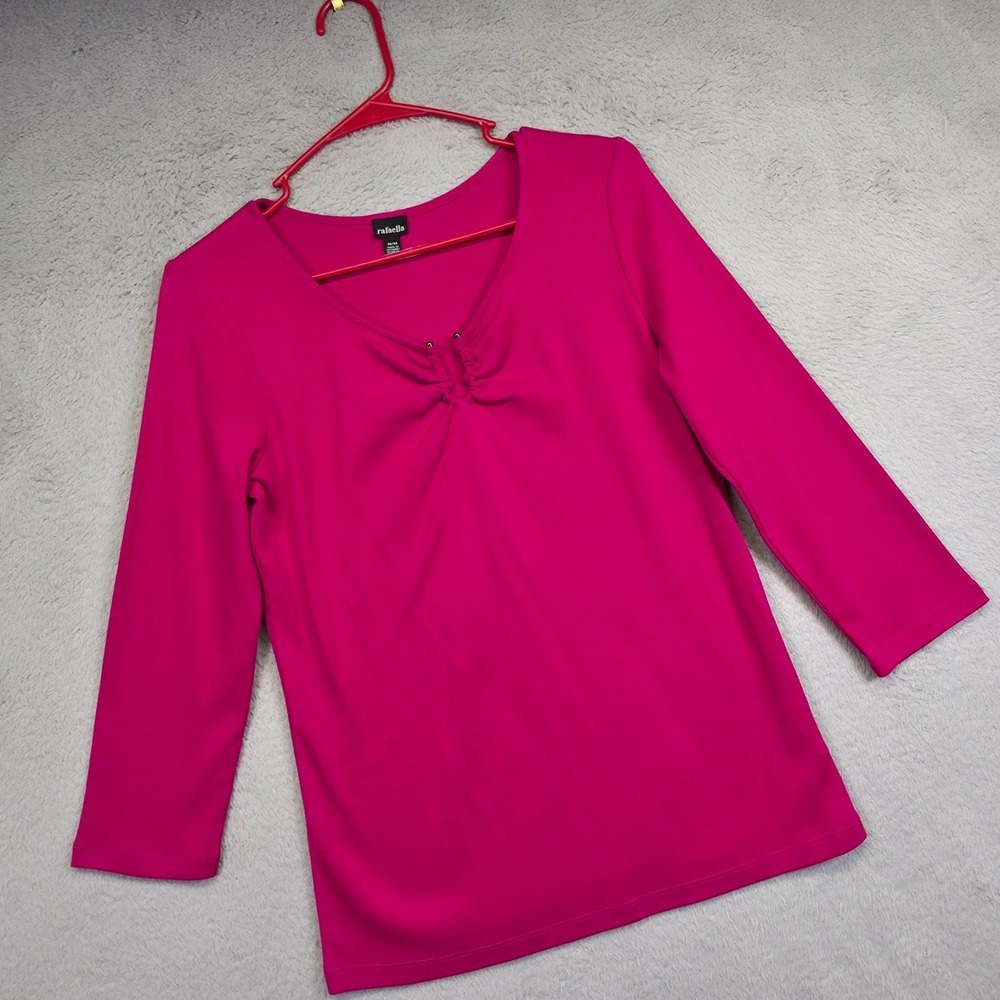 Rafaella Top Womens M Pink Ruched Metal Neck Minimalist Romantic Classic Stretch